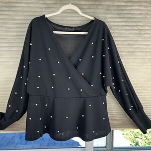 SHEIN Black Blouse with Pearl Embellished Accents Quiet Luxury Faux Wrap Top